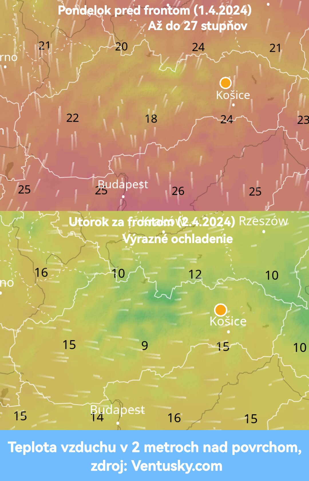 Porovnanie teplôt v 2 metroch na pondelok a utorok. Zdroj: Ventusky.com